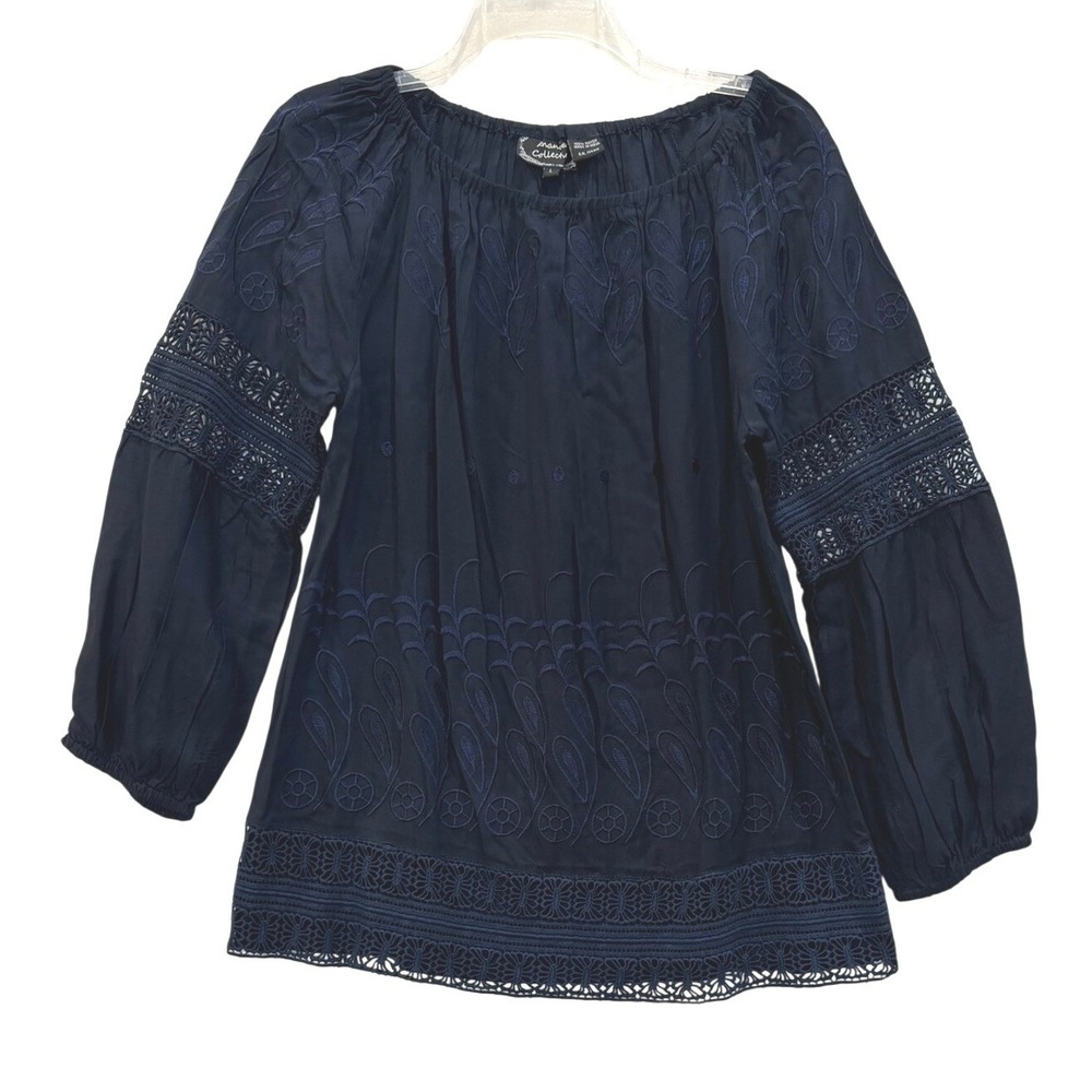 Anandas Collection Navy Blue‎ Embroidered Peasant Blouse Crochet Lace Boho Top L